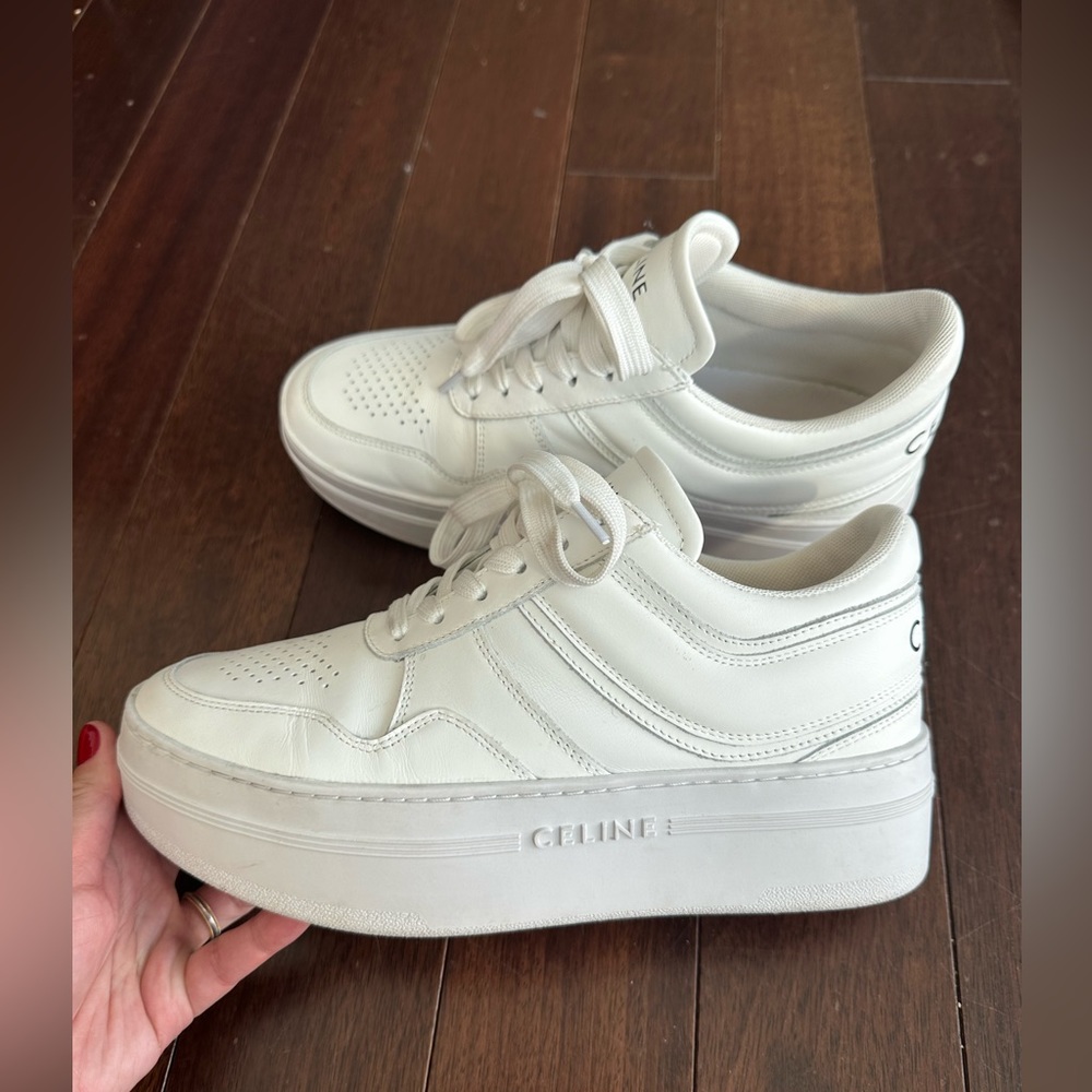 CELINE Pre-Owned BLOCK SNEAKERS WITH WEDGE OUTSOLE IN WHITE CALFSKIN US 8 EUR 39